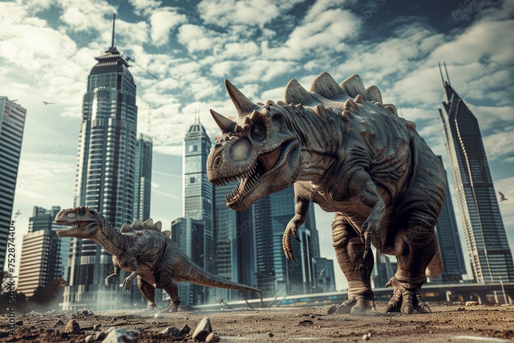 Dinosaurs roaming in a modern city