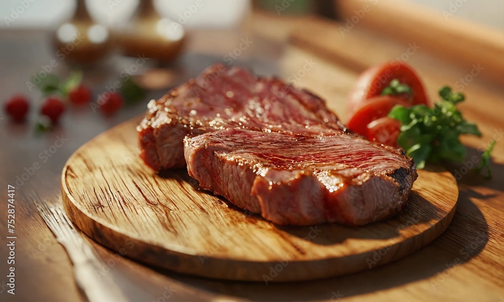 Delicious juicy slice of meat, beef, pork on wooden plate, blurred background Delicious juicy slice of meat, beef, pork on wooden plate, blurred background