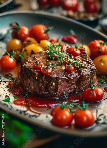 Delicious juicy grilled medium rar beef steak with souce, greens and tomato on grey plate, close up
