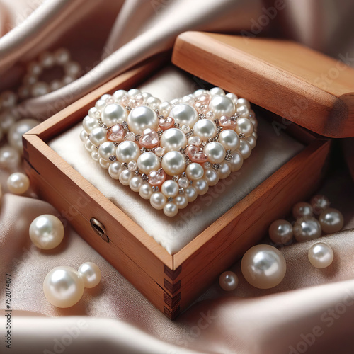 Pearls crafted into a heart shape nestled within a wooden box, amid a sea of luxurious satin fabric
