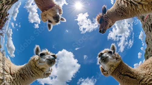 Bottom view of alpacas standing in a circle against the sky. An unusual look at animals. Animal looking at camera