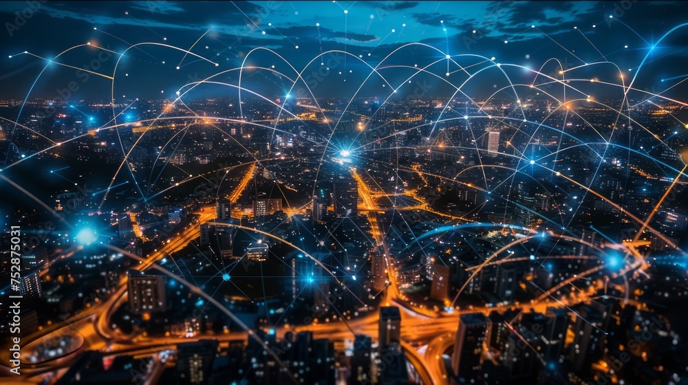 A modern city with yellow-lit streets, blue dots above buildings with imaginary curved lines, and a blue sky. Technology background. Created with Generative AI. A modern city with yellow-lit streets, blue dots above buildings with imaginary curved lines, and a blue sky. Technology background. Created with Generative AI.