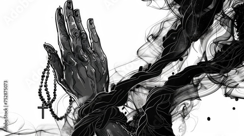 a prayer hand with rosary, in the style of wildstyle, inverted black and white, creepypasta, stencil art, slumped/draped, illustrative, dark white and amber,black lines and white background  photo