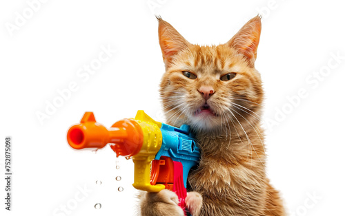 Smiling Cat Celebrating Holi with Water Gun Isolated on Transparent Background PNG.