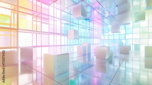 Abstract white and colored gradient glasses interior from array cubes with large window. 3D illustration and rendering. 