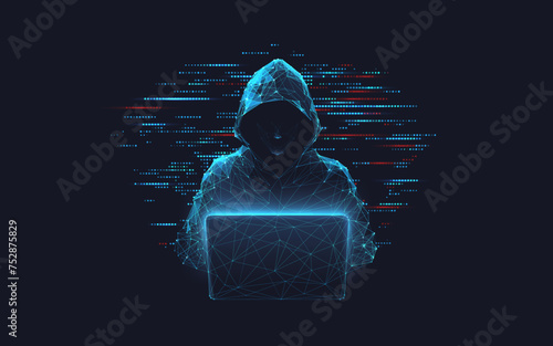 Abstract polygonal hacker with laptop on technology dark background. Cyber attack and cyber security concepts. Computer hacking. Digital technology. Man in hoodie. 3D low poly vector illustration.  (ID: 752875829)