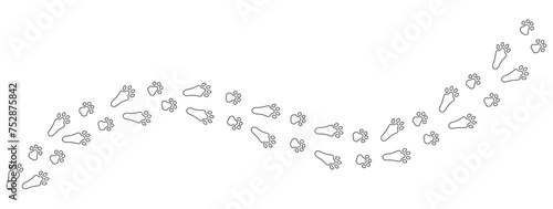 Rabbit or hare footprints forming a diagonal trail. Outline. Easter Bunny's tracks. Black vector isolated on white background. Good for pet shop, print, textile, game, postcard, zoo, clothes.