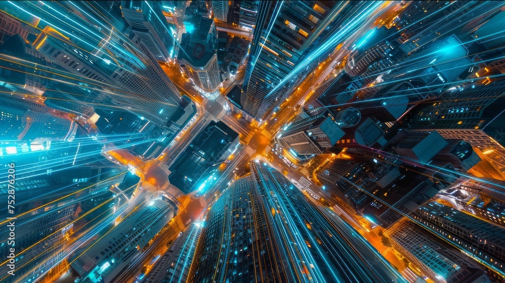 A modern city from above with neon blue buildings and dynamic neon yellow streets. Imaginary blue lines falling like rain. Technology-themed background. AI Generated.