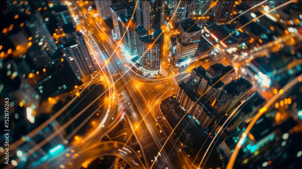 Top view of a neon yellow glowing city, neon yellow dot colored streets, dynamic imaginary yellow neon lines. Technological and modern-themed background. Created with Generative AI. Top view of a neon yellow glowing city, neon yellow dot colored streets, dynamic imaginary yellow neon lines. Technological and modern-themed background. Created with Generative AI.