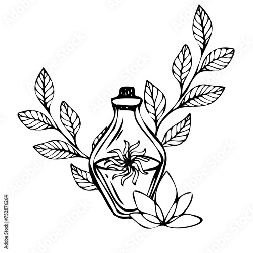 Composition from a bottle with a potion with leaves and a lotus flower. Black outline vector illustration from isolated objects. Art for prints, cards, design, logo, tattoo, books. Magic line elements