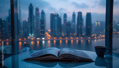 A book is on the table in the living room with a view through the window of a beautiful city with skyscrapers.