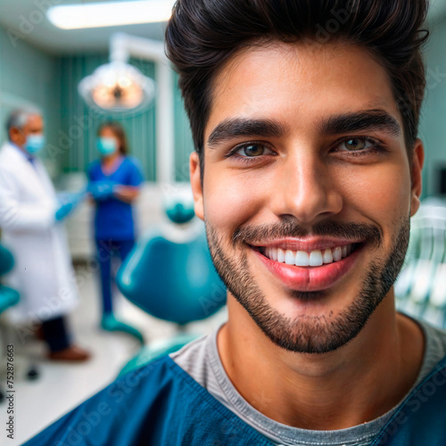 Portrait of smiling young male dentist at dental clinic. Dentistry concept.
