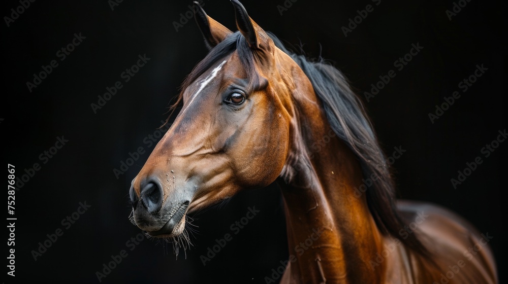 an arab horse portrait looking direct in camera with low-light, black backdrop an arab horse portrait looking direct in camera with low-light, black backdrop