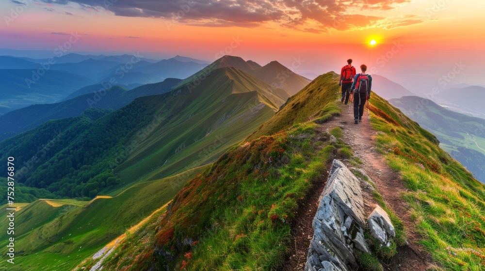 Adventurous hikers on a mountain sunset trek in summer, active outdoor tourism activity