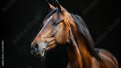 an arab horse portrait looking direct in camera with low-light, black backdrop