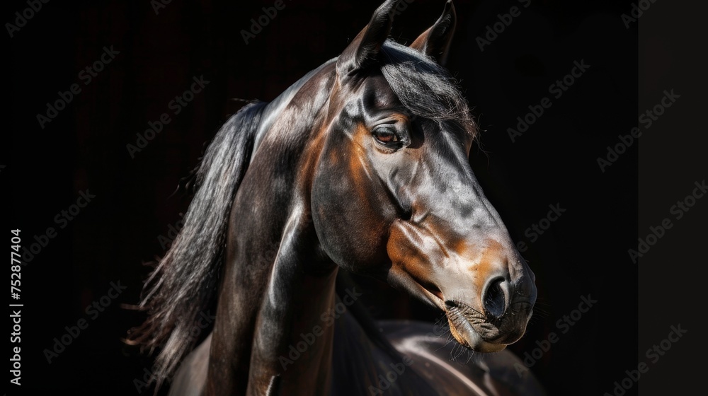 an arab horse portrait looking direct in camera with low-light, black backdrop an arab horse portrait looking direct in camera with low-light, black backdrop
