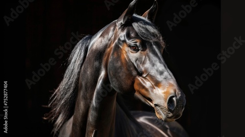 an arab horse portrait looking direct in camera with low-light, black backdrop