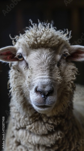 a sheep close-up portrait looking direct in camera with low-light, black backdrop