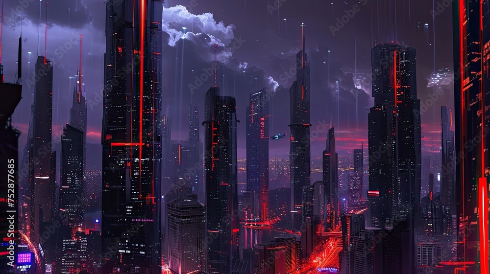 Neon city. Anti design, matrix, futurism, night, cyberpunk, street, technology, color, skyscraper, urban view, augmentation, style, metropolis. Generated by AI
