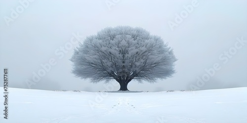 The Serene Beauty of Winter: A Snowy Landscape with a Leafless Tree. Concept Winter Photography, Snowy Landscapes, Nature Scenes, Tree Silhouettes, Tranquil Settings