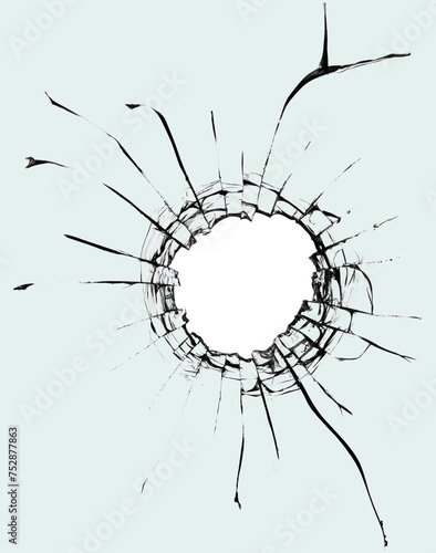 Broken window glass with turquoise background and hole with cracks.