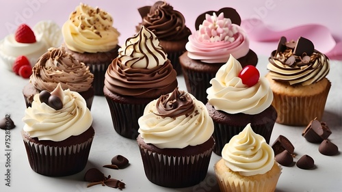cupcakes with cream and chocolate, "Satisfy your sweet tooth with our diverse range of cupcake styles, from classic vanilla to decadent chocolate, all beautifully rendered with stunning detail."