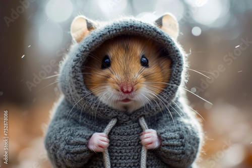 Hamster wearing sweater with hood on it.