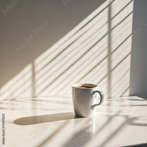 Cup of coffee sits on table in the sunlight.