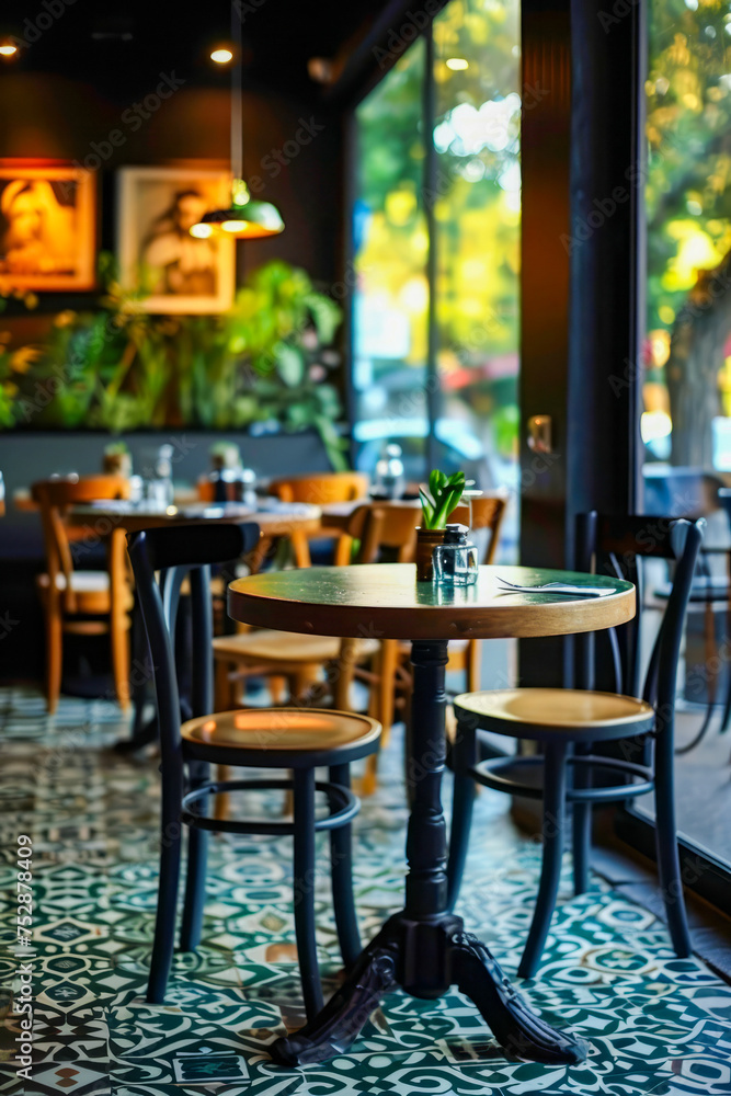 Restaurant with wooden tables and chairs has green plant on one table as decoration.