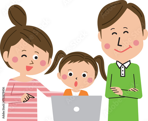 ポップな家族　子供とPCを閲覧家族　女の子