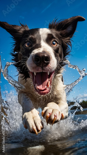 Dog with large mouth and big eyes is running through water leaving trail of splashes behind it.