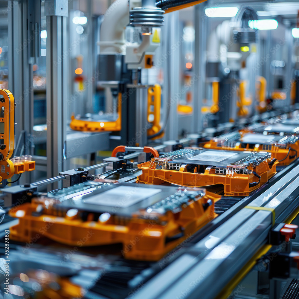 Mass production assembly line of electric vehicle battery cells close-up view Mass production assembly line of electric vehicle battery cells close-up view