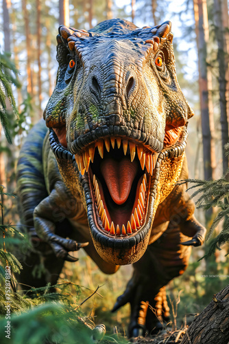 Close up of dinosaur with it's mouth open showing teeth and orange tongue. © valentyn640