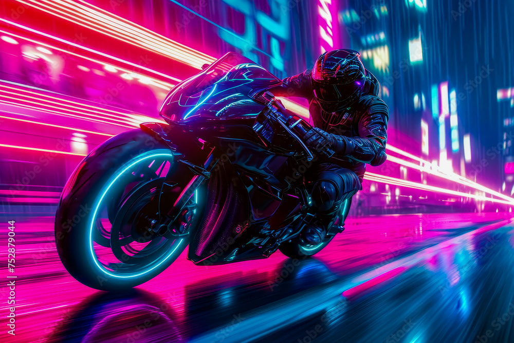Person is riding motorcycle that has blue and purple lights on it. - obrazy, fototapety, plakaty 