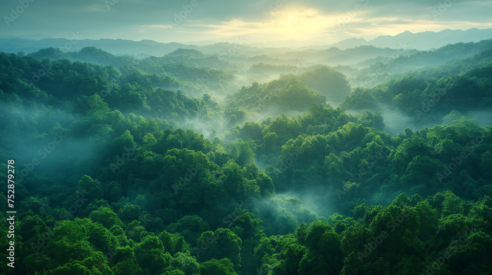 Misty mountains emerge from a sea of fog, sunlight peeking through the clouds to illuminate the green valley below.Generative Ai Illustration. Misty mountains emerge from a sea of fog, sunlight peeking through the clouds to illuminate the green valley below.Generative Ai Illustration.