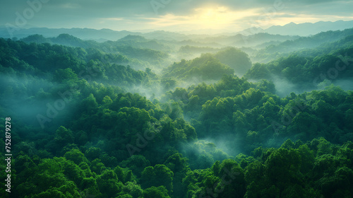 Misty mountains emerge from a sea of fog, sunlight peeking through the clouds to illuminate the green valley below.Generative Ai Illustration.