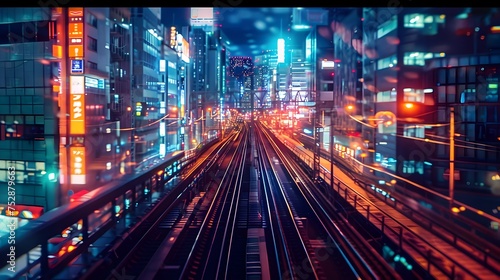 Cyberpunk Kawaii Train Tracks at Night in Futuristic Cityscape, To provide a visually striking