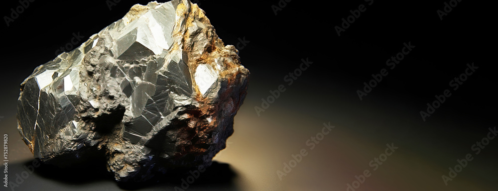 Allargentum is a rare precious natural stone on a black background. AI generated. Header banner mockup with space.