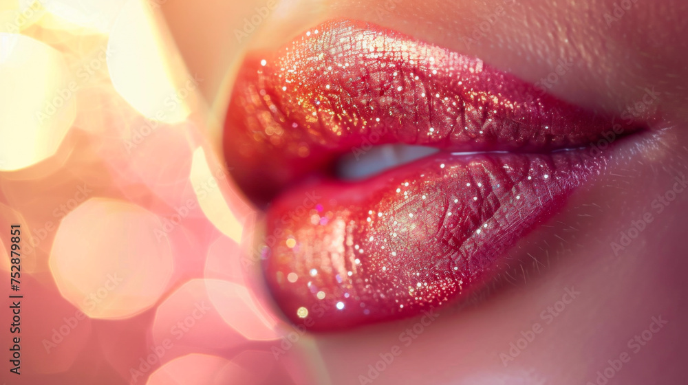 Macro shot of sparkling red lips with pink light reflections Macro shot of sparkling red lips with pink light reflections