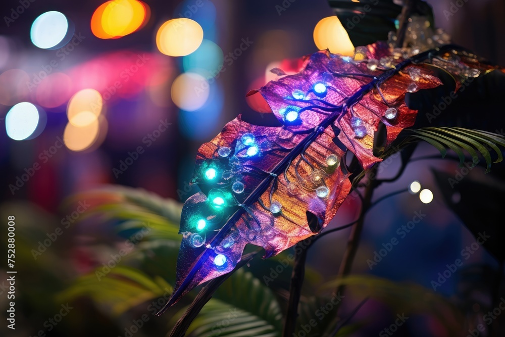Carnival Nights: Leaf with bokeh lights from a distant carnival, creating a joyful and vibrant scene. Carnival Nights: Leaf with bokeh lights from a distant carnival, creating a joyful and vibrant scene.