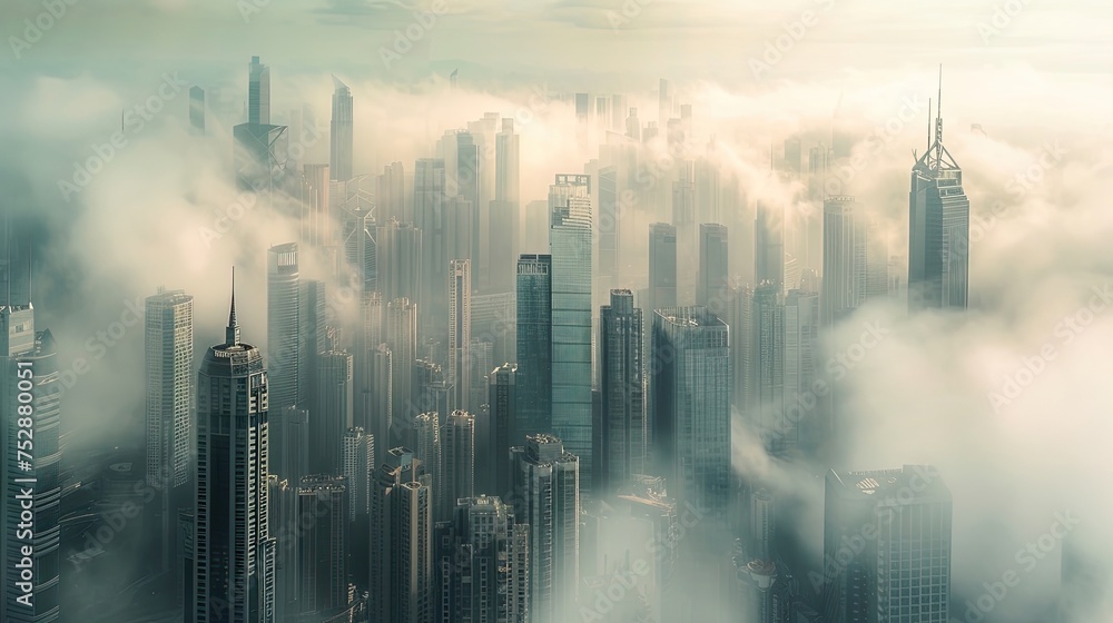 Cityscape with skyscrapers in the fog. Tall buildings, skyline, downtown, city lights, architecture, modern cityscape, metropolis, panoramic view, bustling city. Generated by AI Cityscape with skyscrapers in the fog. Tall buildings, skyline, downtown, city lights, architecture, modern cityscape, metropolis, panoramic view, bustling city. Generated by AI