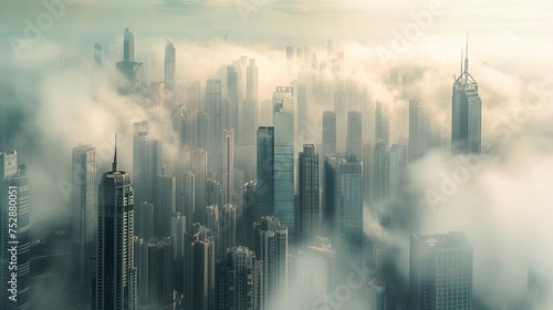 Cityscape with skyscrapers in the fog. Tall buildings  skyline  downtown  city lights  architecture  modern cityscape  metropolis  panoramic view  bustling city. Generated by AI