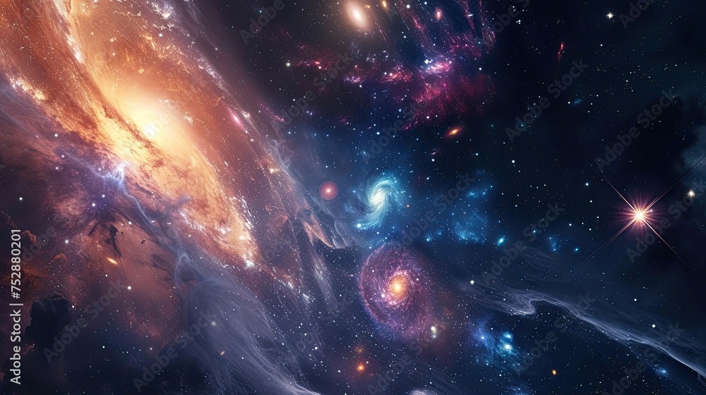 Fototapeta premium Space background with galaxy. Celestial, stars, universe, cosmic, astronomy, stellar, galactic, interstellar, nebula. Generated by AI