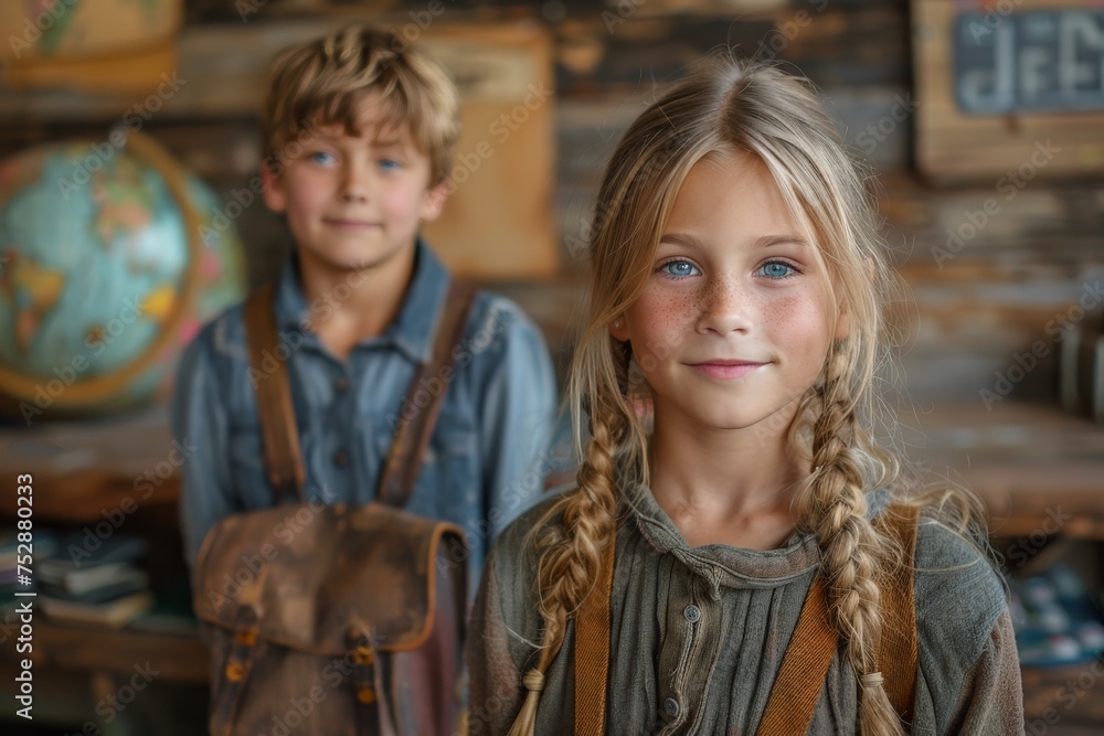 Two young kids, a boy and a girl, dressed in vintage school attire posing in a classroom with rustic charm Two young kids, a boy and a girl, dressed in vintage school attire posing in a classroom with rustic charm
