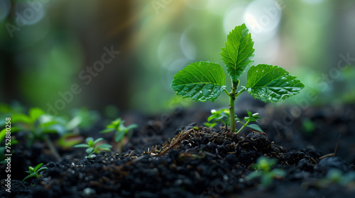 Close-up desktop wallpaper capturing the essence of reforestation and conservation efforts, inspiring eco-consciousness. Young saplings emerging from rich soil in the soft light of a forest.