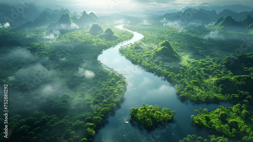 Nature's Serenity: Lake and River Landscape.Generative Ai Illustration. © AimasterPhoto