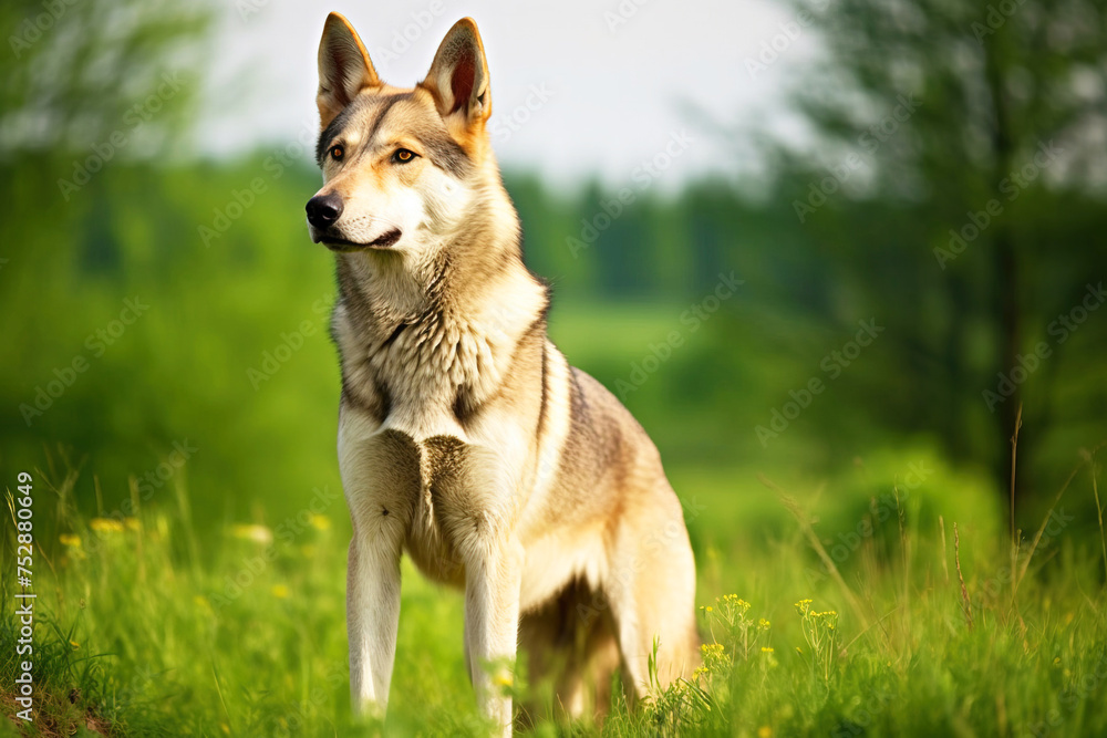 Purebred beautiful breed of dog Czechoslovakian Wolfdog, background nature.
