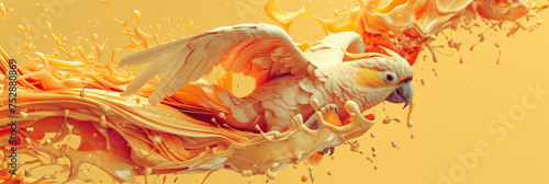 Panoramic banner with a urreal yellow parrot flyig in orange liquid artwork. Artistic 3d rendering of a budgie in motion with vibrant orange liquid splashes photo