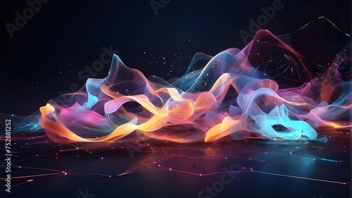 A background of luminous particles of various colors pulses abstractly in time with the sound waves. Idea for visualizing music. Vivid and bright abstract backdrop image.