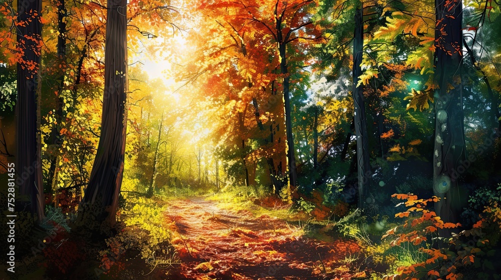 Autumn forest landscape. Foliage, rays, melancholy, sun, light, harvest, mushrooms, yellow, red, fallen leaves, fog, coolness, rain, smell, pine cones, animals. Generated by AI